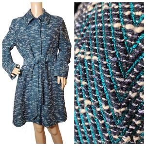 JANA KOS wool-blend tweed belted coat.  Blue green.  Small